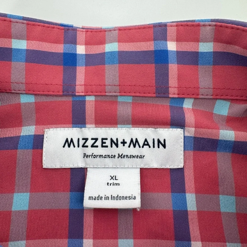 Mizzen + Main Button Down Mens XL Red Plaid Trim Fit Performance Stretch Shirt